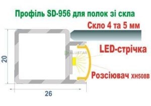 Алюмінієвий SD-956 Shelf профіль для поличок зі скла 4-5 мм схема